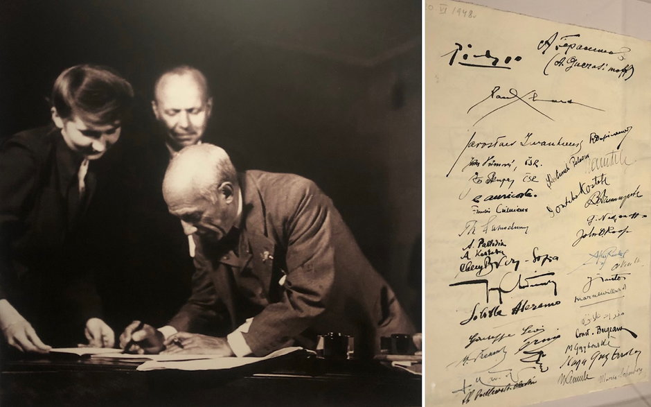 Picasso podpisuje księgę pamiątkową w MNW w dniu 29 sierpnia 1948 r.