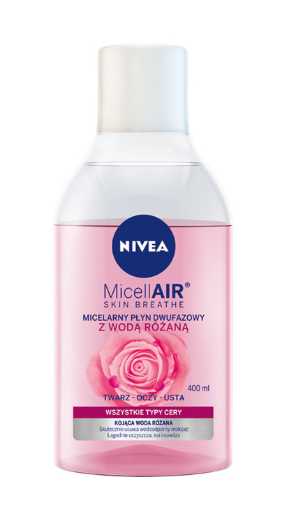 NIVEA Micelarny Płyn Dwufazowy z wodą różaną. Cena: 21,99 PLN / 400 ml