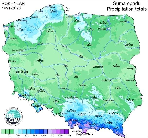 Średnie roczne opady w Polsce (1991-2020)