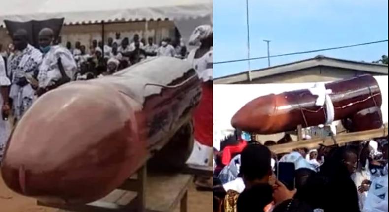 Video: Scores attend funeral of dead person who was buried in penis-shaped coffin