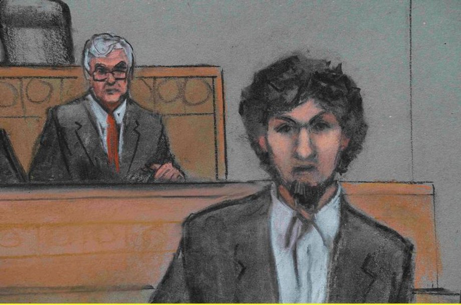 Boston Marathon bomber Dzhokhar Tsarnaev and U.S. District Judge George O'Toole are shown in a courtroom sketch after Tsarnaev was sentenced at the federal courthouse in Boston