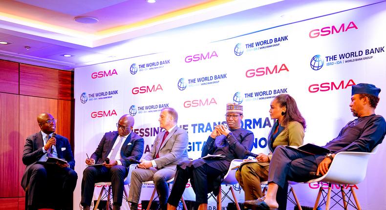 Executive Vice Chairman of Globacom, Mrs. Bella Disu (2ND right), with (l-r) Moderator, Kwame Senou; Chief Regulatory Officer, Airtel Africa, Daddy Mukadi; CEO of 9mobile, Juergen Peschel; Chairman, Association of Licensed Telecom Operators of Nigeria, Gbenga Adebayo, and CEO of MTN, Karl Toriola; in a panel discussion at the launch of Nigeria’s Digital Economy Report by GSMA at the Transcorp Hilton Hotel, Abuja, on Thursday