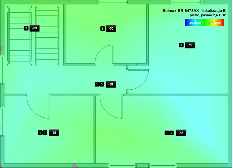 Edimax BR6473AX: Rozkład mocy sygnału sieci 2,4 GHz na piętrze