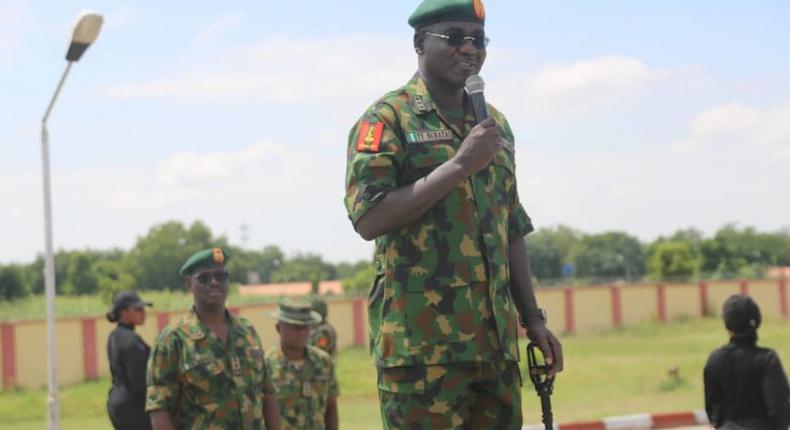 Chief of Army Staff, Lt.-Gen. Tukur Buratai, addressing troops in Gusau, Zamfara State on 7/10/2019. [NAN]