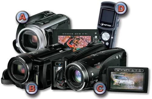 Użyliśmy w teście następujących kamer:(A) JVC Everio HD GZ-HD10E (2500 złotych, AVCHD z dyskiem twardym o pojemności 40 GB) (B) Canon HF10 (3200 złotych, AVCHD z kartą pamięci) (C) Canon HV30 (4000 złotych, HDV z taśmą) (D) Aiptek PenCam Trio HD (400 złotych, MOV na karcie pamięci)