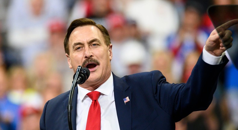 MINNEAPOLIS, MN - OCTOBER 10: Mike Lindell, CEO of My Pillow, speaks during a campaign rally held by U.S. President Donald Trump at the Target Center on October 10, 2019, in Minneapolis, Minnesota.
