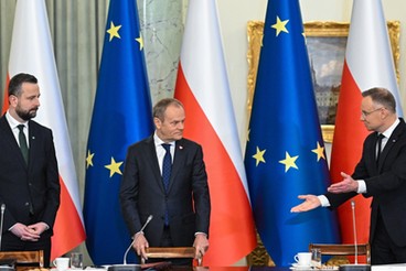 Prezydent Andrzej Duda, premier Donald Tusk i wicepremier Władysław Kosiniak-Kamysz na posiedzeniu Rady Gabinetowej.