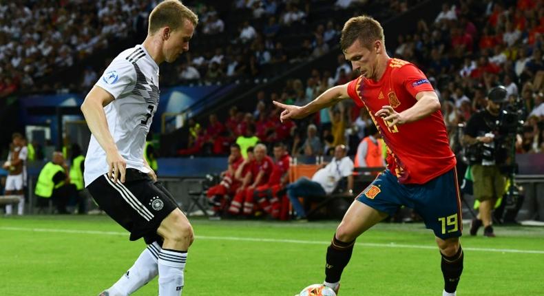 Spanish forward Dani Olmo (R), pictured in the U21 European Football Championships final against Germany last year