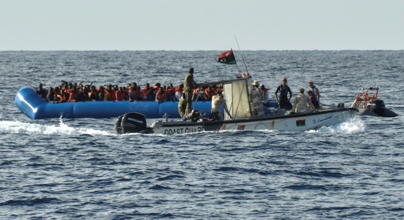 At least 34 people including young children drowned when they fell off an overloaded migrant vessel in the Mediterranean