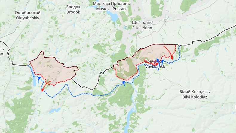 Mapa Vovčansk, 21. jun 2024.