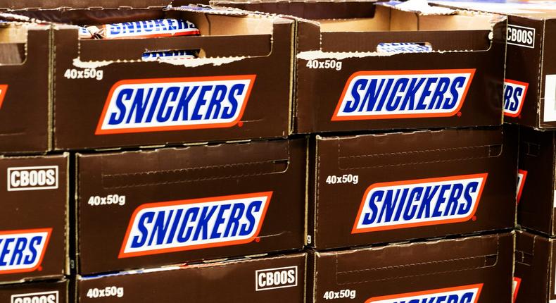 Boxes of Snickers bars.
