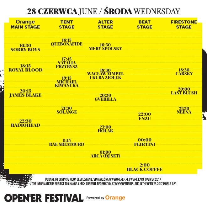 Open'er Festival 2017: rozpiska godzinowa na środę, 28 czerwca