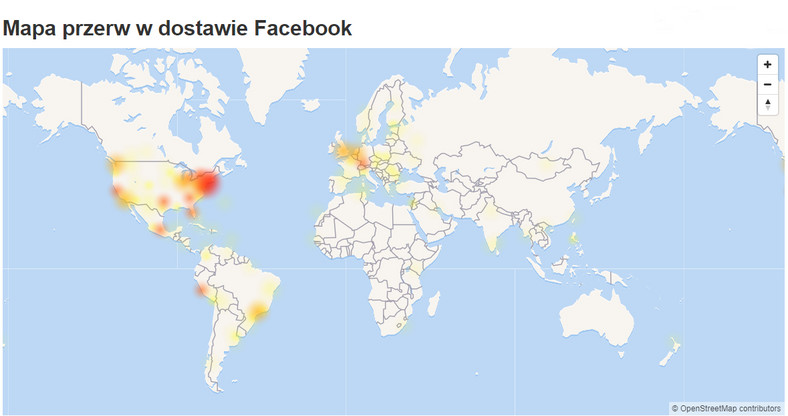 Awaria Facebooka - mapa serwisu Downdetector 