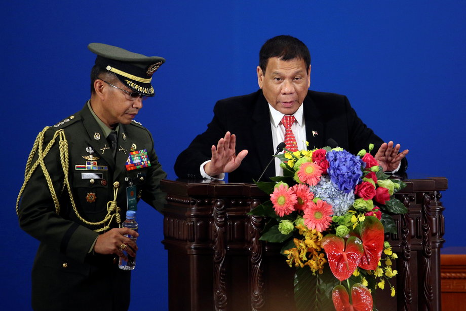 Philippines President Rodrigo Duterte makes a speech during the Philippines-China Trade and Investment Forum at the Great Hall of the People in Beijing, China, October 20, 2016.