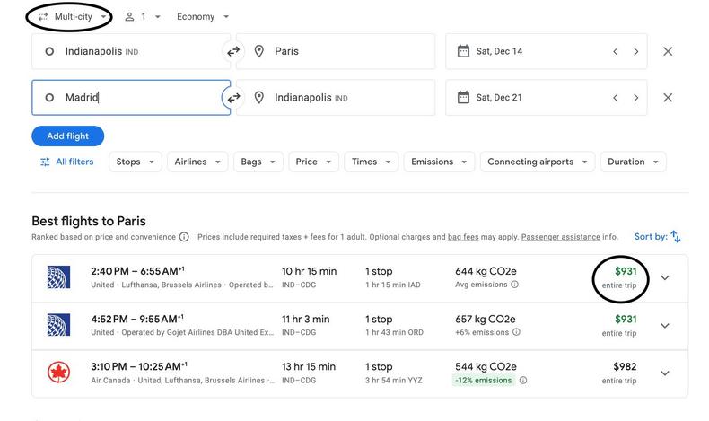 A screenshot of a multi-city search on Google Flights.Google Flights