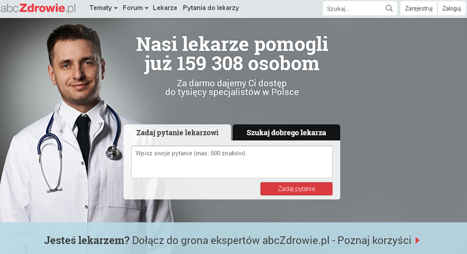 <strong>abcZdrowie.pl</strong><br><br>
Oprócz bazy lekarzy strona zawiera wiele materiałów dotyczących m.in. zdrowego żywienia, poradniki dla młodych matek a także dla... amatorów fitness. Strona pozwala również na zadanie pytania lekarzowi.
