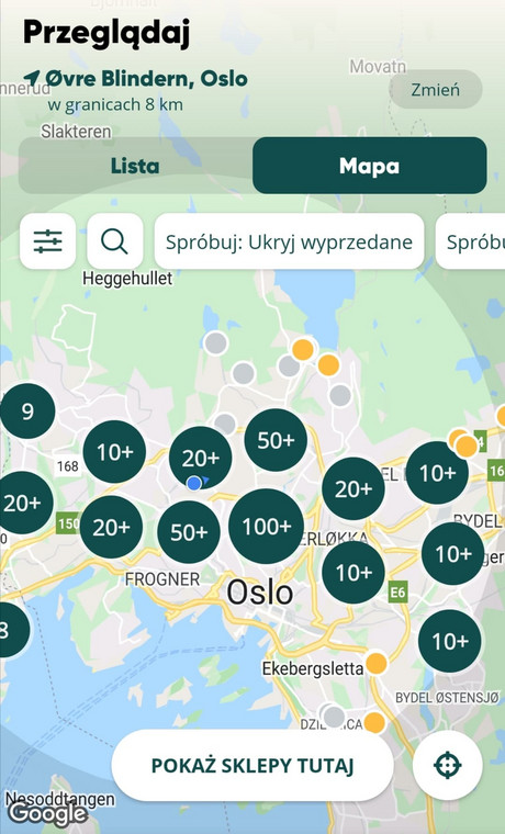 Mapa przedstawiająca ilość punktów "Too Good to Go" w Oslo