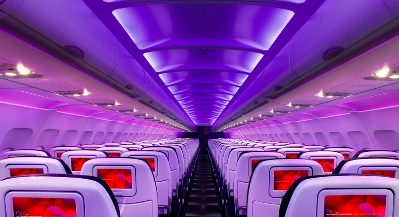 Virgin America's signature pink and purple mood lighting.