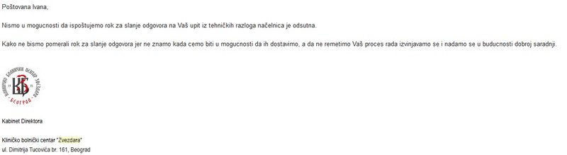 Mejl koji mi je stigao iz KBC Zvezdara