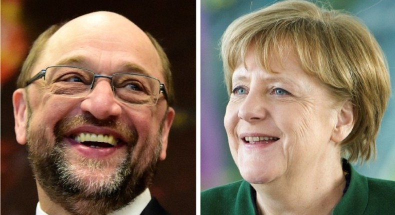 Social Democratic leader Martin Schulz (left) has failed to maintain his party's hold on North Rhine-Westphalia against Chancellor Angela Merkel's CDU