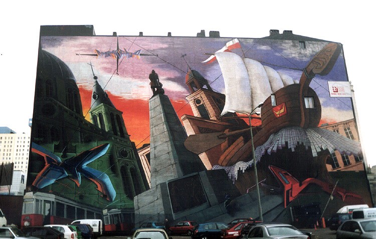 Łódź, mural "alegoria Łodzi" z 2001 r. grupy art. Design Futura przy ul. Piotrkowskiej