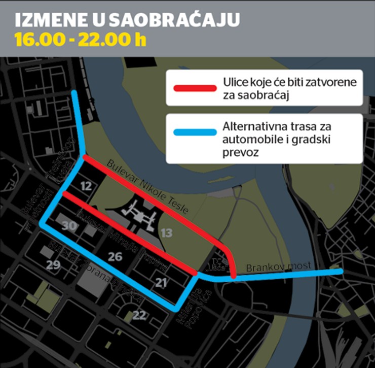 mapa beograda bulevar nikole tesle BLOKADA NOVOG BEOGRADA OD 16.00 DO 22.00 Evo šta će sve biti  mapa beograda bulevar nikole tesle