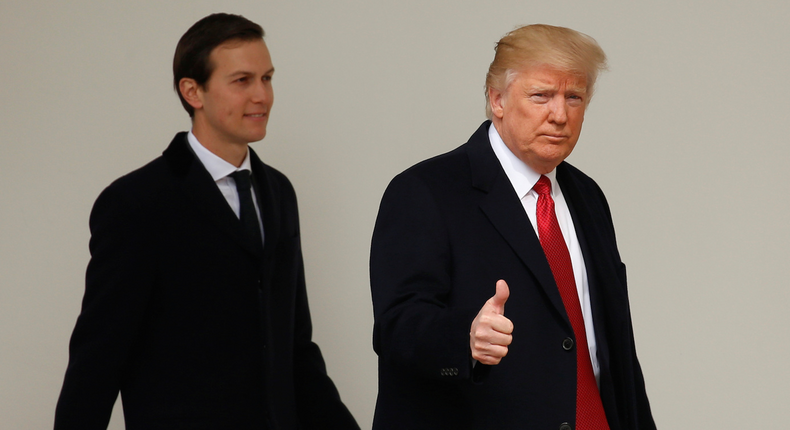 U.S. President Donald Trump gives a thumbs-up as he and White House Senior Advisor Jared Kushner depart the White House in Washington, U.S., March 15, 2017.