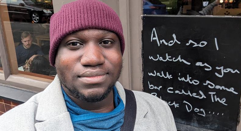 The reporter outside The Black Dog pub where Taylor Swift fans have flocked in recent days.Ayomikun Adekaiyero