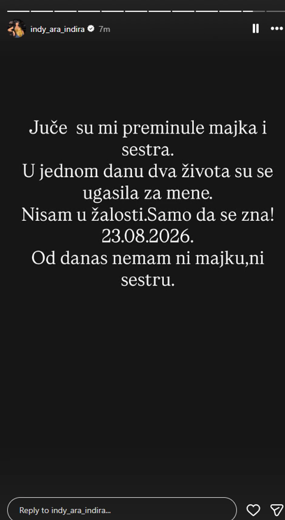"Juče su mi preminule majka i sestra": Jeziva objava Indi Aradinović