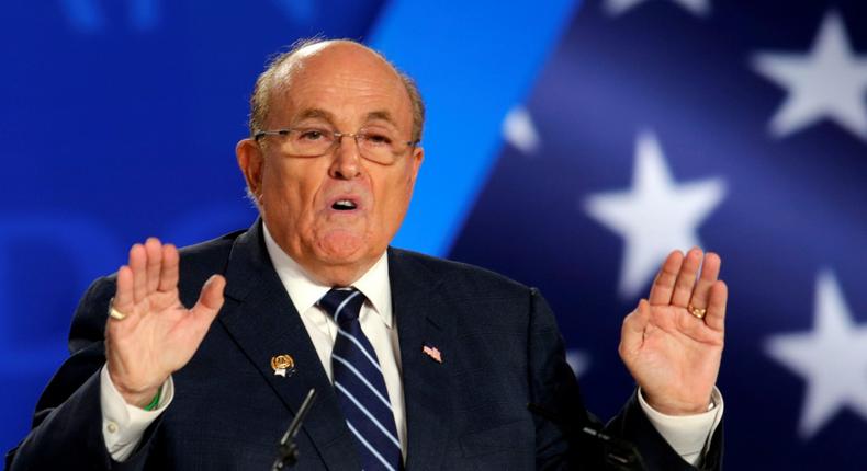 FILE PHOTO: Rudy Giuliani, former Mayor of New York City, speaks at an event in Ashraf-3 camp, which is a base for the People's Mojahedin Organization of Iran (MEK) in Manza, Albania, July 13, 2019.REUTERS/Florion Goga