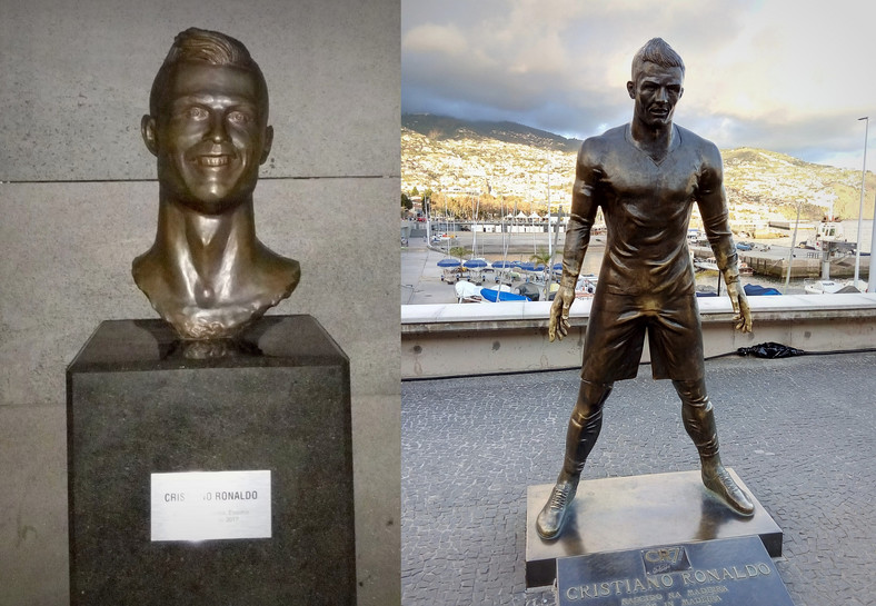 Pierwsza wersja popiersia Ronaldo na lotnisku jego imienia na Maderze oraz statua przed jego muzeum (2018 r.)