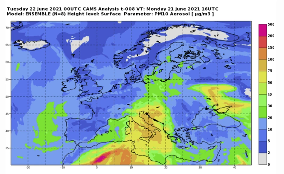 Meteorološki snimak peska iz Afrike nad Srbijom