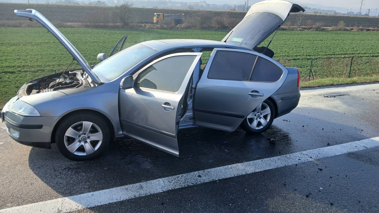 Na diaľnici pri Považskej Bystrici horelo auto. 