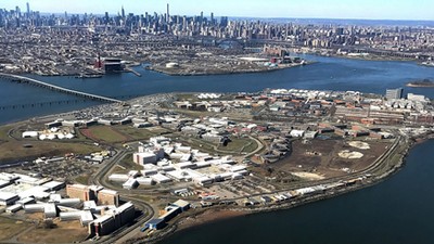 The Rikers Island Prison complex is seen from an airplane in the Queens borough of New York City, Ne