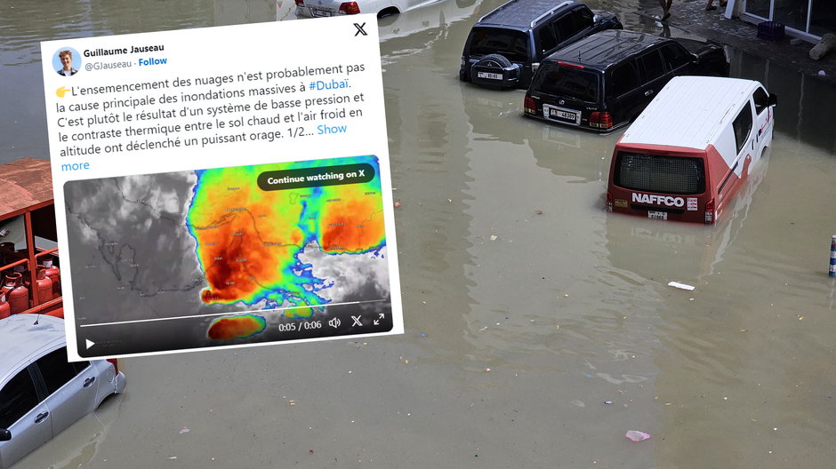 Pojawiają się pytania, czy powódź w Dubaju jest efektem manipulowania pogodą (screen: X/https://twitter.com/GJauseau)