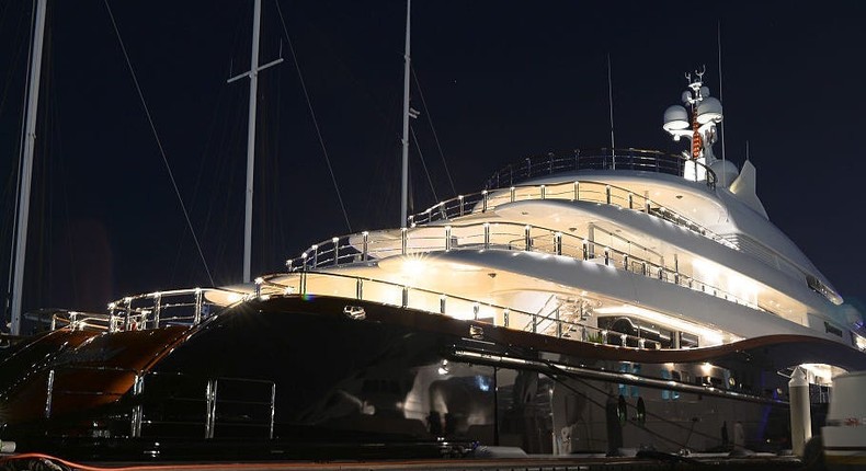 A back-side view of the 290 ft Nirvana super yacht, owned by Russia's richest man.