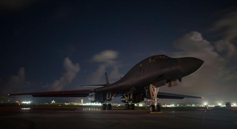 A US Air Force B-1B Lancer at Andersen Air Force Base in Guam before conducting a mission with South Korean and Japanese fighters