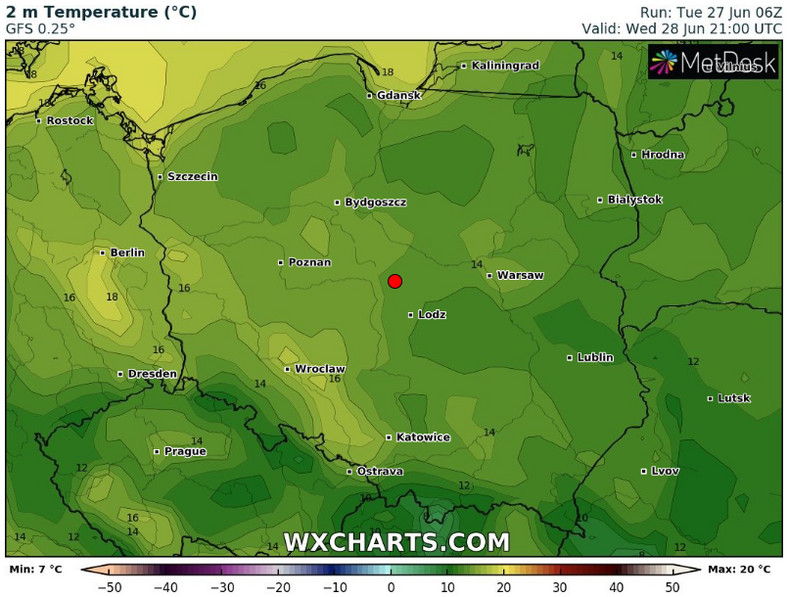 Prognozowana temperatura w Polsce w środę 28 czerwca o godz. 21