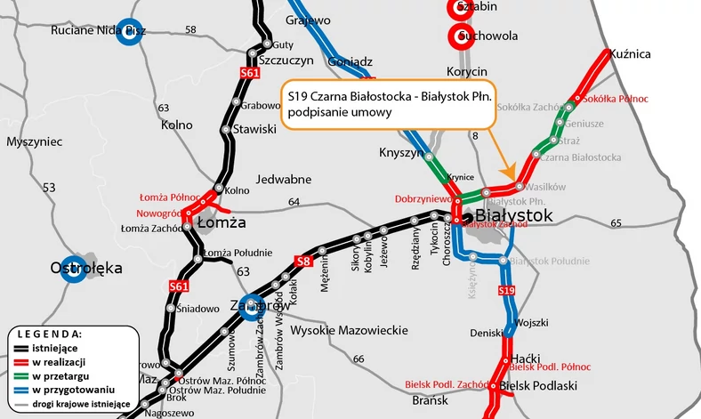 Mapa stanu ukończenia drogi S19 w woj. podlaskim