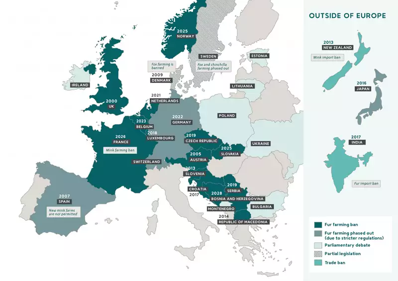 Mapa pokazująca sytuację hodowli zwierząt futerkowych w Europie, fot. furfreealliance.com
