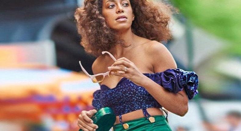 Solange Knowles in Adire frou-frou dress by Maki Oh