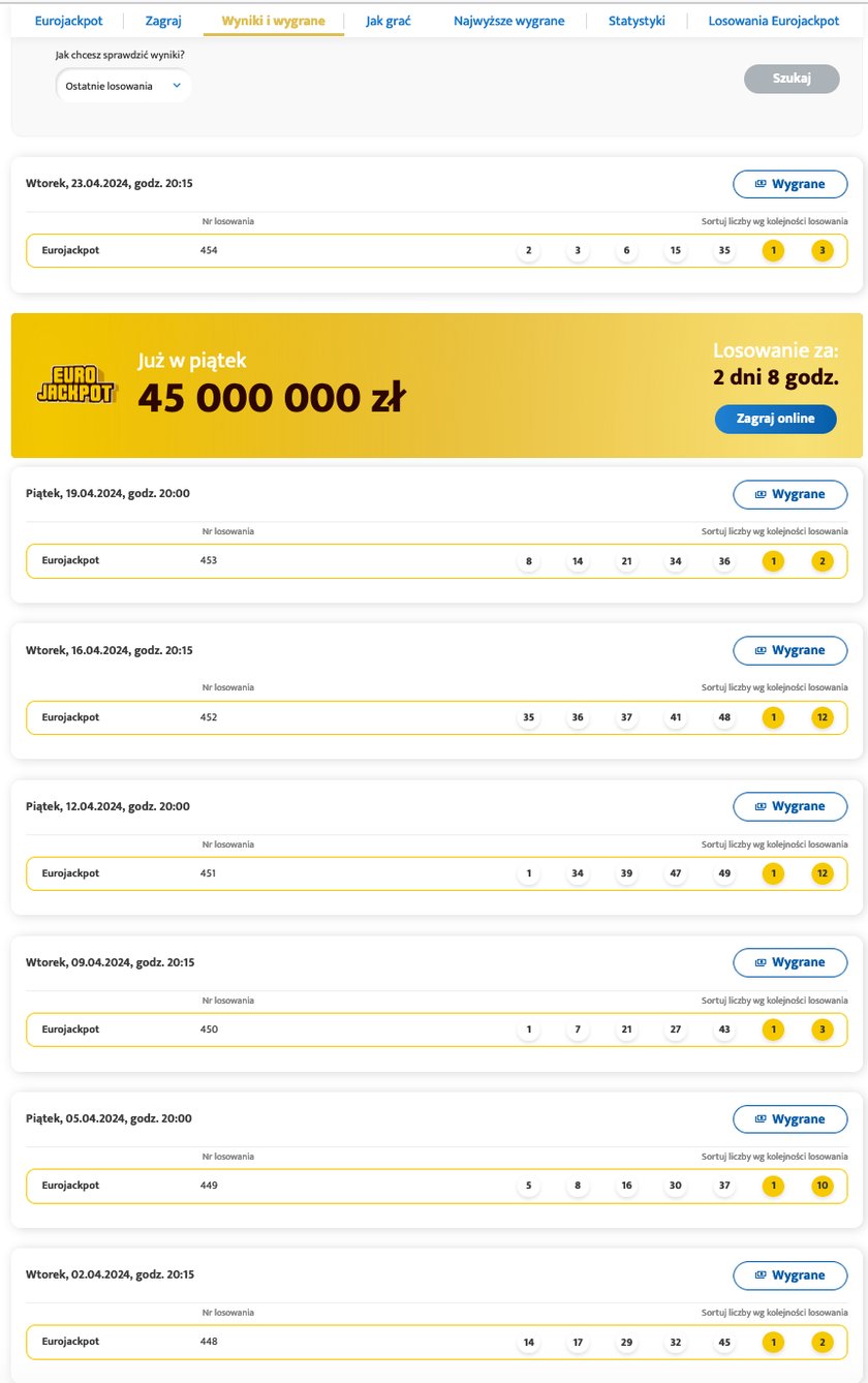 Wyniki EuroJackpot z ostatnich siedmiu losowań.