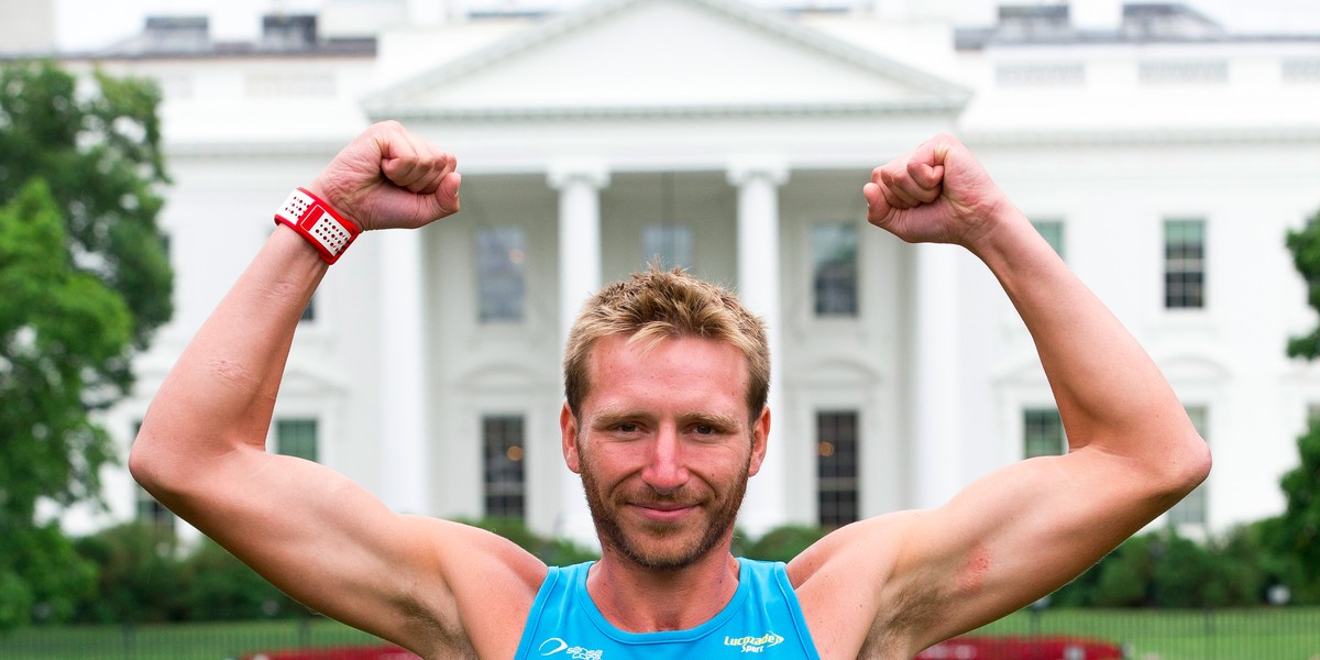 Rob Young at the finish line of the Trans-American Footrace.