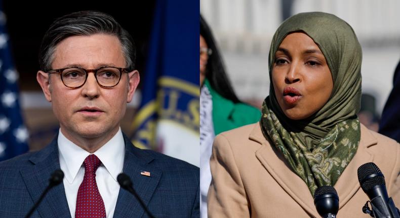Progressives like Rep. Ilhan Omar are big fans of Speaker Mike Johnson's new plan on Ukraine and Israel aid.Bill Clark/CQ-Roll Call via Getty Images; Yasin Ozturk/Anadolu via Getty Images