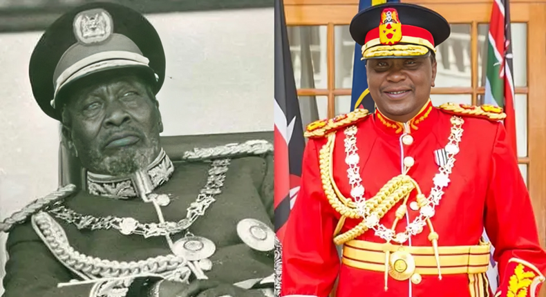 From left: Kenya's 1st President Mzee Jomo Kenyatta & his son Uhuru Kenyatta, the 3rd President of Kenyan ( Both wearing a military regalia)