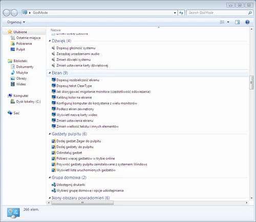 Efekt działania GodMode - wszystkie najważniejsze ustawienia systemowe Windows 7 w jednym miejscu