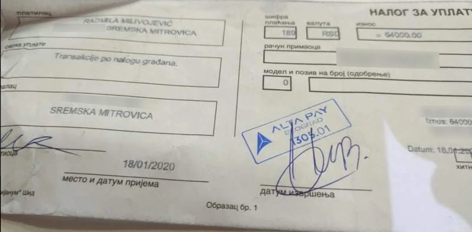 Uplata Radmile Milivojević na račun supruga Vesne P.