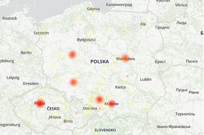 Mapa awarii i zgłaszanych problemów z Facebookiem w Polsce - dane Downdetector.pl