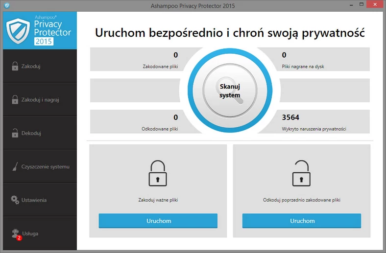 Główne okno programu do ochrony prywatności - Ashampoo Privacy Protector 2015