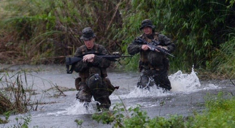 US Marines take part in a joint training exercise with Philippine soldiers in San Antonio town, Zambales province, on October 7, 2016